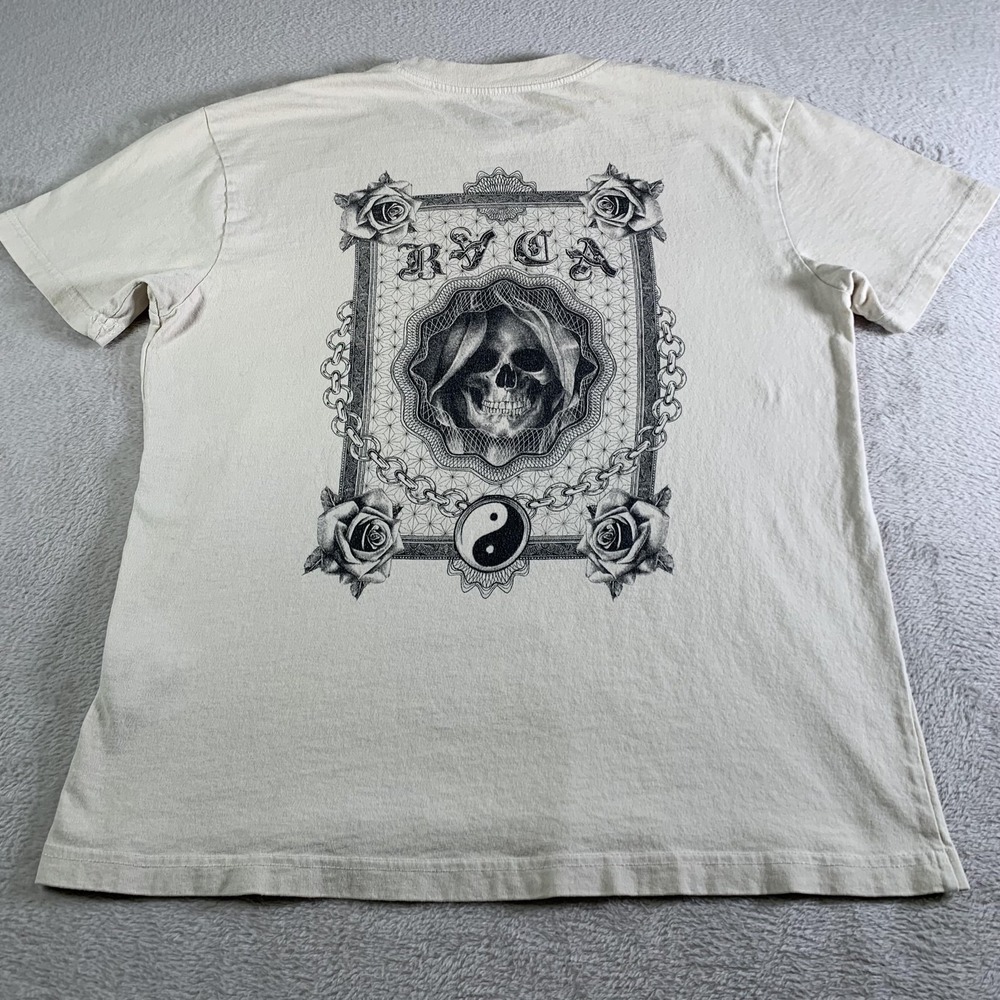 RVCA Shirt Mens M Beige Skull Rose Yin Yang Back Graphic Tee Gothic Grim Reaper